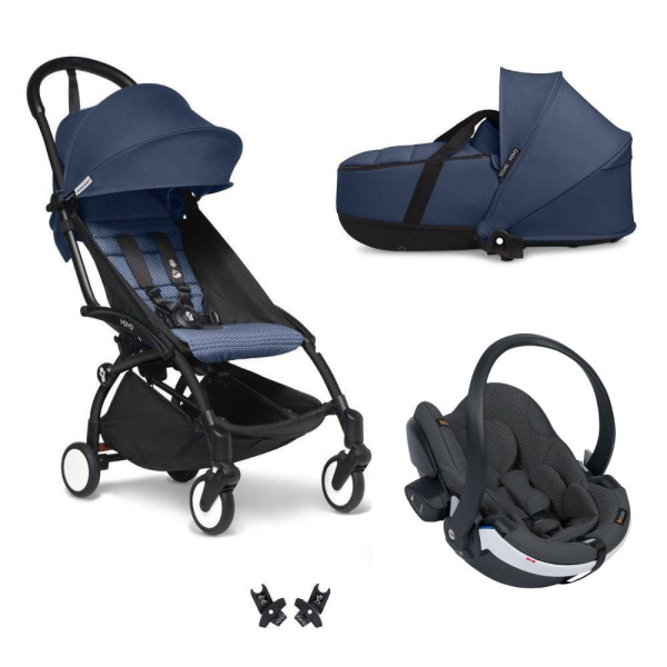 Poussette trio yoyo 3 - châssis noir pack 6+ siège auto izi go modular x2 by besafe + nacelle bleu air france Stokke