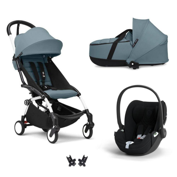 Poussette trio yoyo 3 pack 6+ + siège auto cloud t plus black + nacelle yoyo - châssis blanc - aqua Stokke