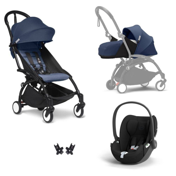 Poussette trio yoyo 3 pack 0+ & 6+ + siège auto cloud t black - châssis noir - bleu air france Stokke