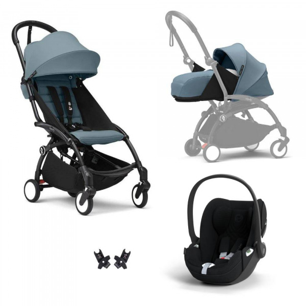 Poussette trio yoyo 3 pack 0+ & 6+ + siège auto cloud t plus black - châssis noir - aqua Stokke