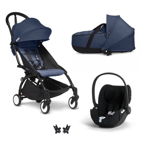 Poussette trio yoyo 3 pack 6+ + siège auto cloud t plus black + nacelle yoyo - châssis noir - bleu air france Stokke
