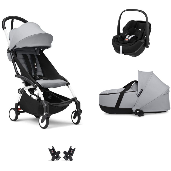 Poussette trio yoyo 3 pack 6+ et siège auto pebble 360 pro² + nacelle yoyo - chassis blanc - stone Stokke
