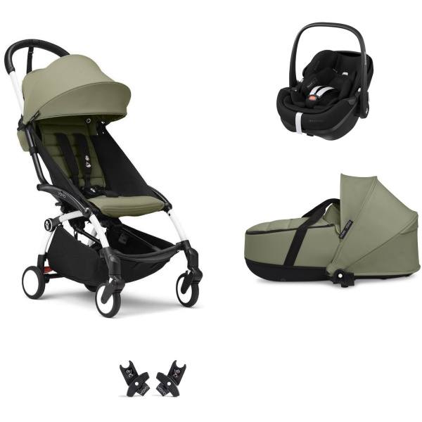 Poussette trio yoyo 3 pack 6+ et siège auto pebble 360 pro² + nacelle yoyo - chassis blanc - olive Stokke