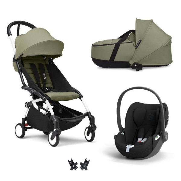 Poussette trio yoyo 3 + siège auto cloud t black + nacelle - châssis blanc - olive Stokke