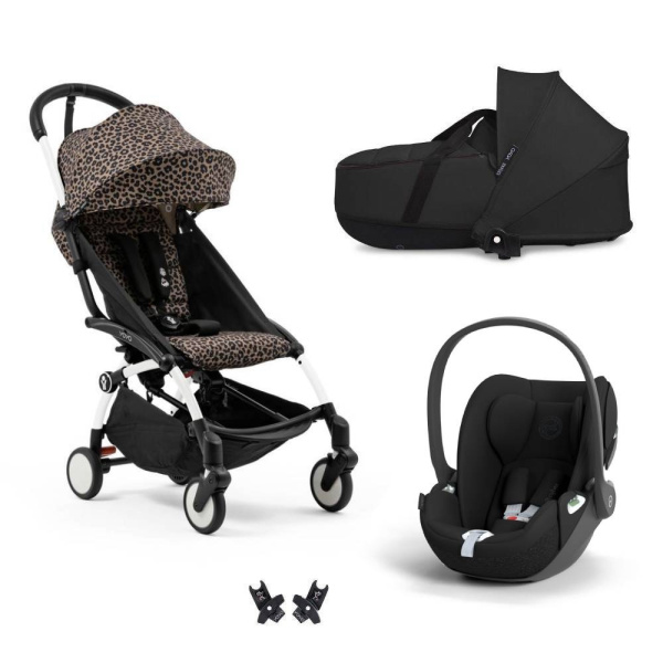 Poussette trio yoyo 3 + siège auto cloud t black + nacelle - châssis blanc - léopard / noir Stokke