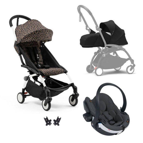 Poussette trio yoyo 3 - châssis blanc pack 0+ & 6+ léopard / noir + siège auto izi go modular x2 by besafe Stokke