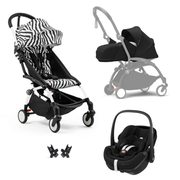 Poussette trio yoyo 3 pack 0+ et 6+ + siège auto pebble 360 pro² black - châssis blanc - zebra / noir Stokke
