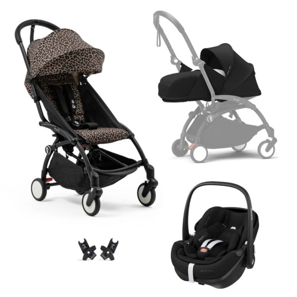 Poussette trio yoyo 3 pack 0+ & 6+ et siège auto pebble 360 pro² black - châssis noir - leopard / noir Stokke