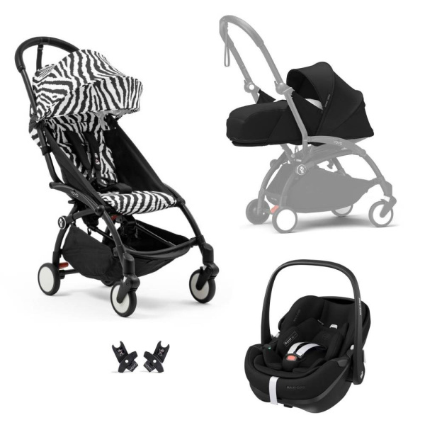 Poussette trio yoyo 3 pack 0+ & 6+ et siège auto pebble 360 pro² black - châssis noir - zebra / noir Stokke