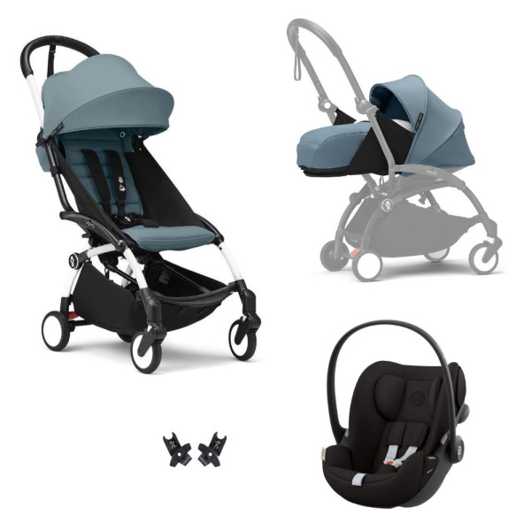 Poussette trio yoyo 3 pack 0+ & 6+ + siège auto cloud g3 black - châssis blanc - aqua Stokke