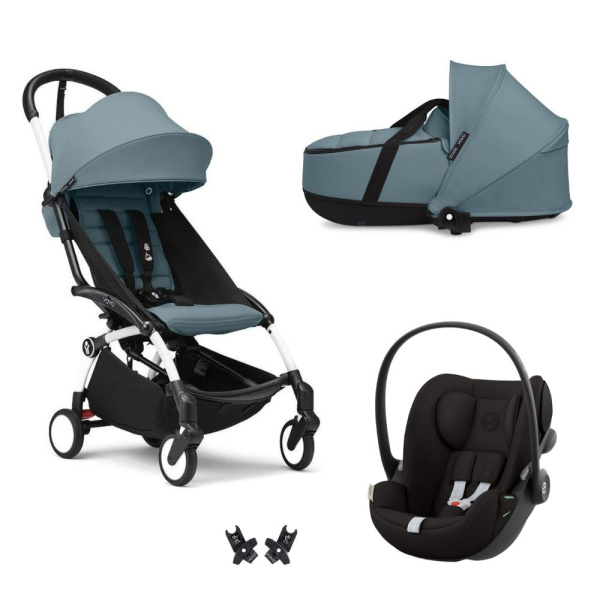 Poussette trio yoyo 3 pack 6+ et siège auto cloud g black + nacelle yoyo - chassis blanc - aqua Stokke