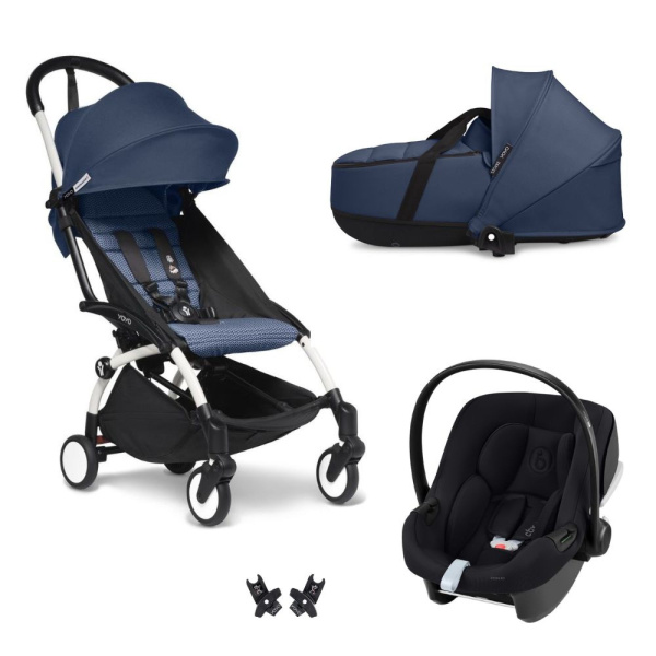 Poussette trio yoyo 3 pack 6+ et siège auto aton b2 black + nacelle yoyo - chassis blanc - bleu air france Stokke