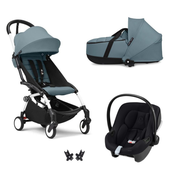 Poussette trio yoyo 3 pack 6+ et siège auto aton b2 black + nacelle yoyo - chassis blanc - aqua Stokke