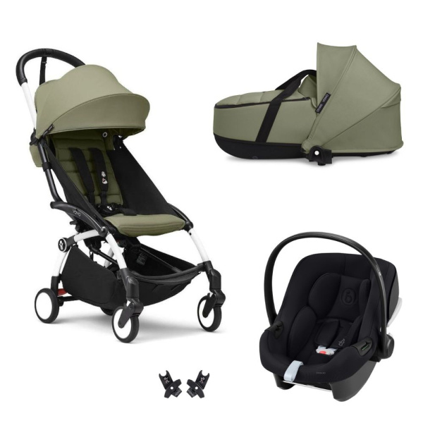 Poussette trio yoyo 3 pack 6+ et siège auto aton b2 black + nacelle yoyo - chassis blanc - olive Stokke