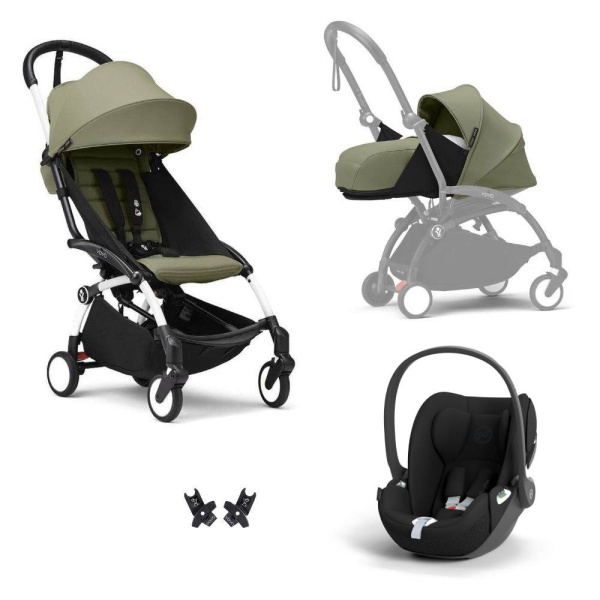 Poussette trio yoyo 3 pack 0+ & 6+ + siège auto cloud t black - châssis blanc - olive Stokke