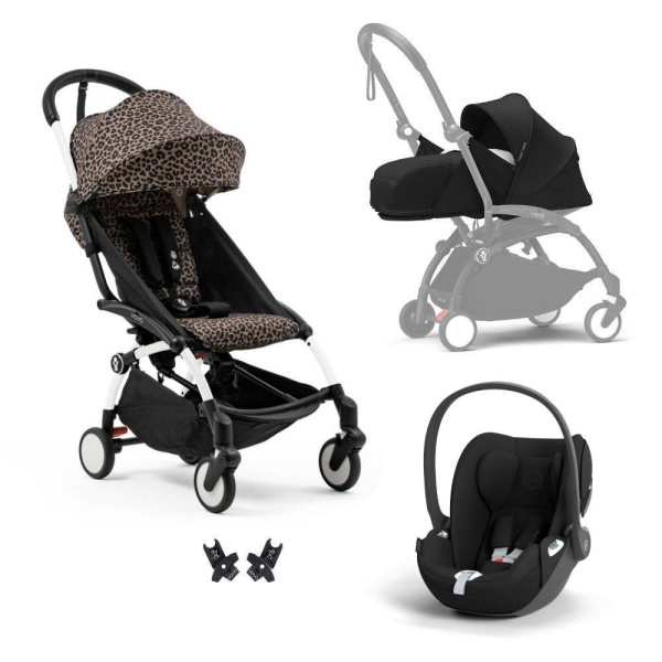 Poussette trio yoyo 3 pack 0+ & 6+ + siège auto cloud t black - châssis blanc - léopard / noir Stokke