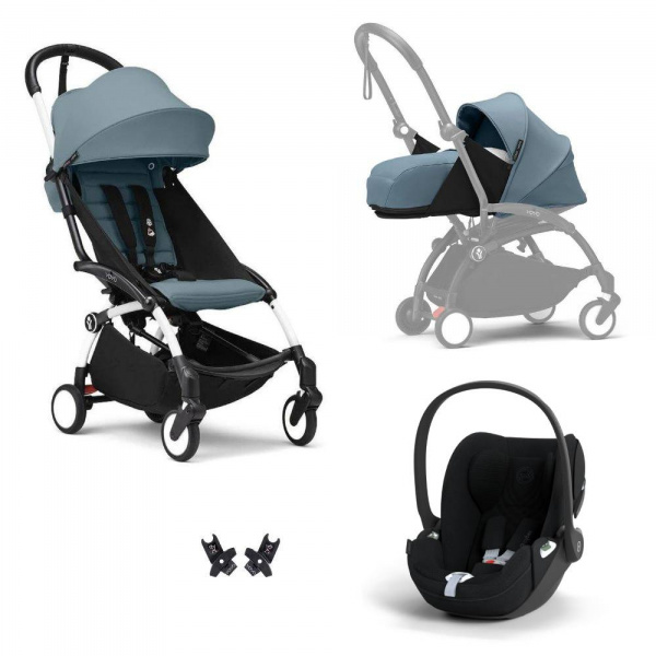 Poussette trio yoyo 3 pack 0+ & 6+ + siège auto cloud t plus black - châssis blanc - aqua Stokke