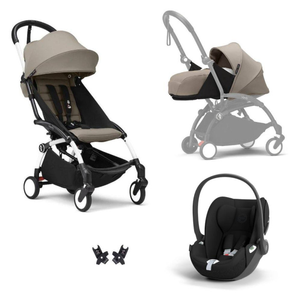Poussette trio yoyo 3 pack 0+ & 6+ + siège auto cloud t black - châssis blanc - taupe Stokke