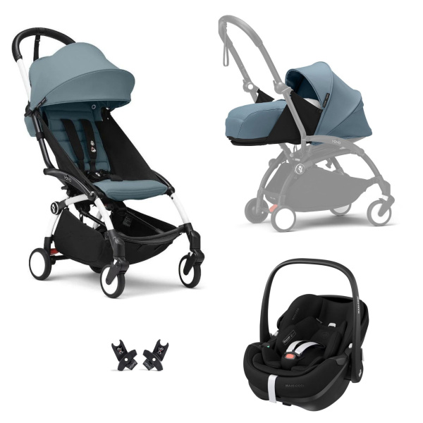 Poussette trio yoyo 3 pack 0+ et 6+ + siège auto pebble 360 pro² black - châssis blanc - aqua Stokke