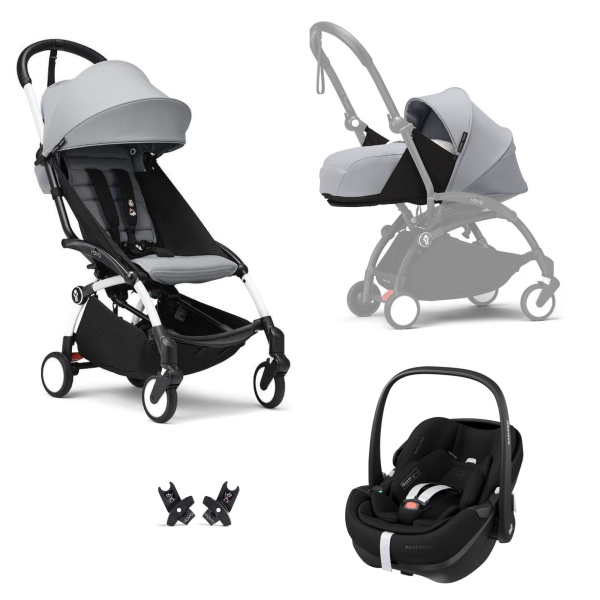 Poussette trio yoyo 3 pack 0+ et 6+ + siège auto pebble 360 pro² black - châssis blanc - stone Stokke