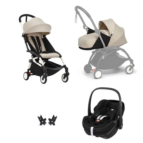 Poussette trio yoyo 3 pack 0+ et 6+ + siège auto pebble 360 pro² black - châssis blanc - bonpoint Stokke