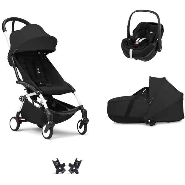 Poussette trio yoyo 3 pack 6+ et siège auto pebble 360 pro² + nacelle yoyo - chassis blanc - noir Stokke