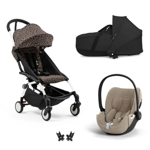 Poussette trio yoyo 3 pack 6+ + siège auto cloud t plus beige + nacelle yoyo - châssis blanc - léopard / noir Stokke