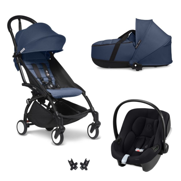 Poussette trio yoyo 3 pack 6+ et siège auto aton b2 black + nacelle yoyo - chassis noir - bleu air france Stokke