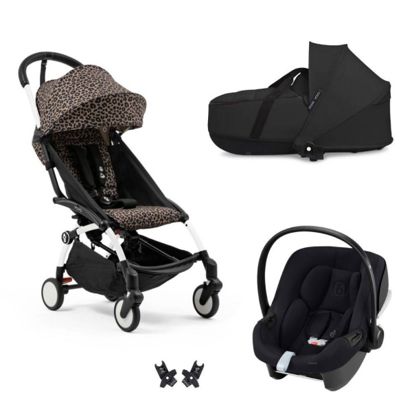 Poussette trio yoyo 3 pack 6+ et siège auto aton b2 black + nacelle yoyo - chassis blanc - léopard / noir Stokke