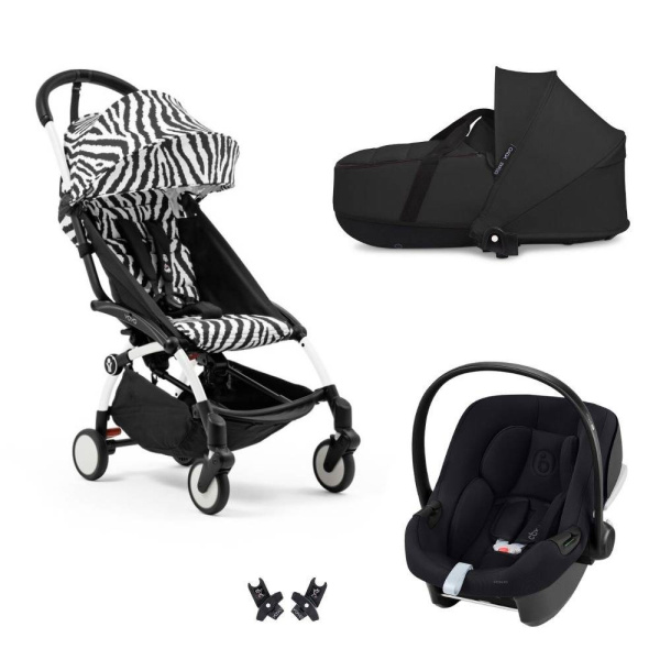Poussette trio yoyo 3 pack 6+ et siège auto aton b2 black + nacelle yoyo - chassis blanc - zebra / noir Stokke