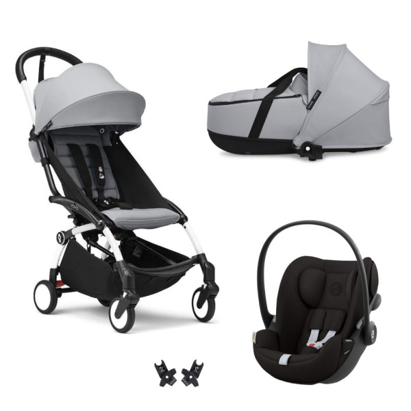 Poussette trio yoyo 3 pack 6+ et siège auto cloud g black + nacelle yoyo - chassis blanc - stone Stokke