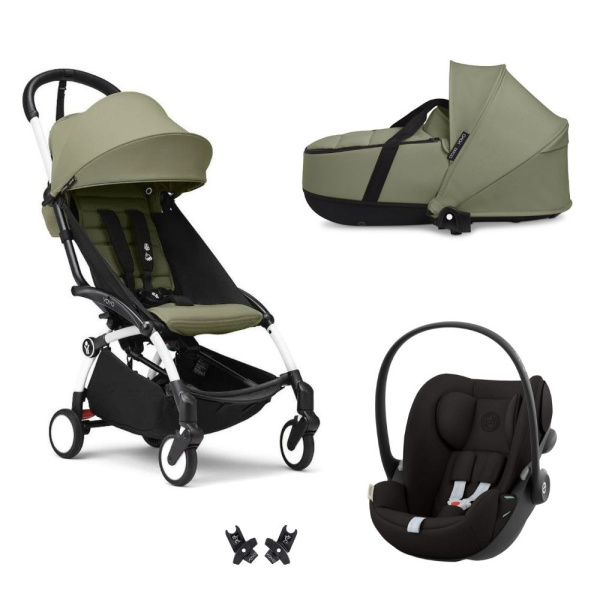 Poussette trio yoyo 3 pack 6+ et siège auto cloud g black + nacelle yoyo - chassis blanc - olive Stokke