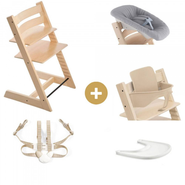 Pack complet chaise haute tripp trapp naturel + newborn set + tablette (harnais et baby set offert) Stokke