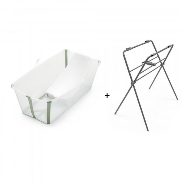 Pack complet baignoire flexi bath vert + support + transat nouveau-né Stokke