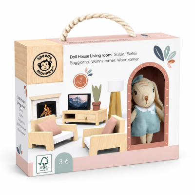 Salon en bois pour maison de poupée avec télévision et lapin