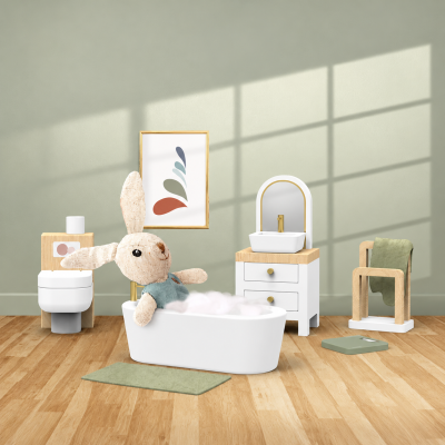 Salle de bain en bois pour maison de poupée avec lapin