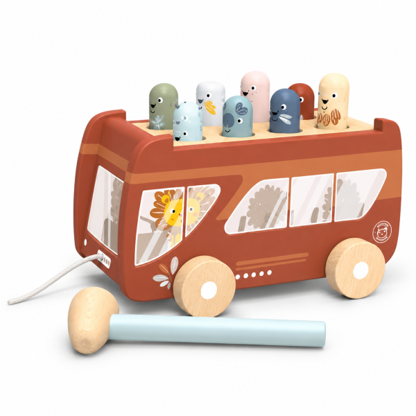 Bus à tirer en bois avec jeu à marteler Speedy monkey