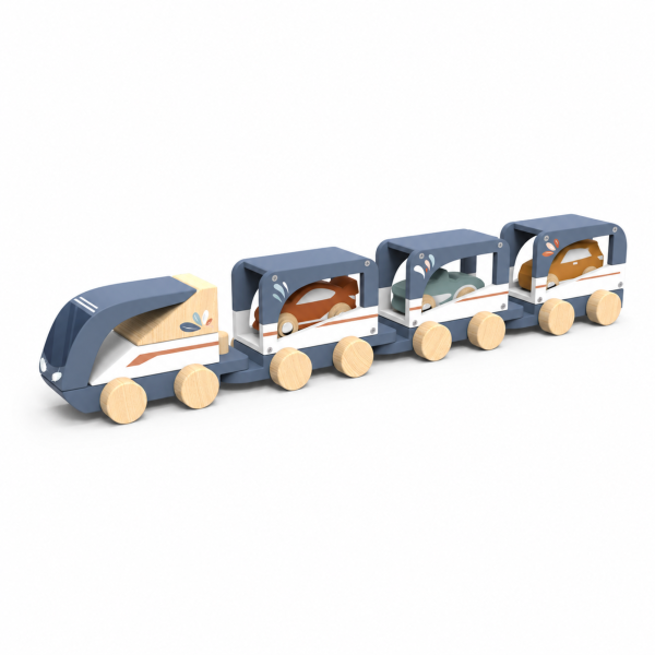 Train transporteur de voitures en bois avec 3 véhicules Speedy monkey