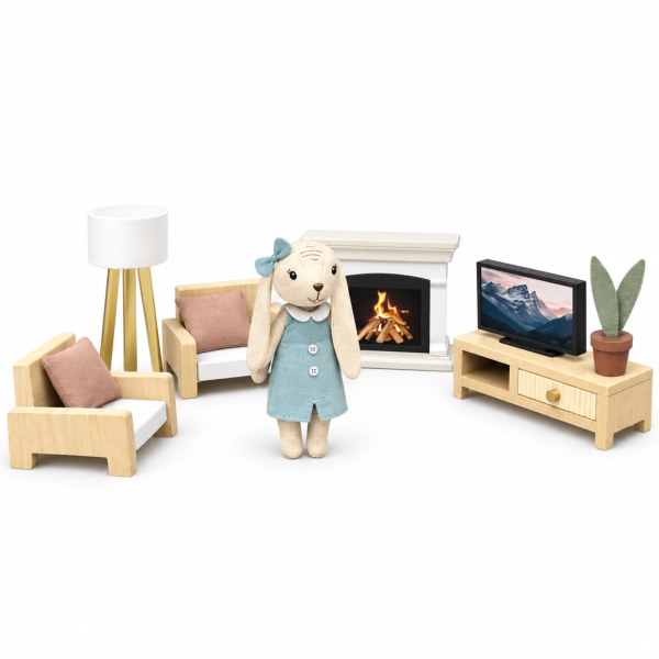 Salon en bois pour maison de poupée avec télévision et lapin Speedy monkey