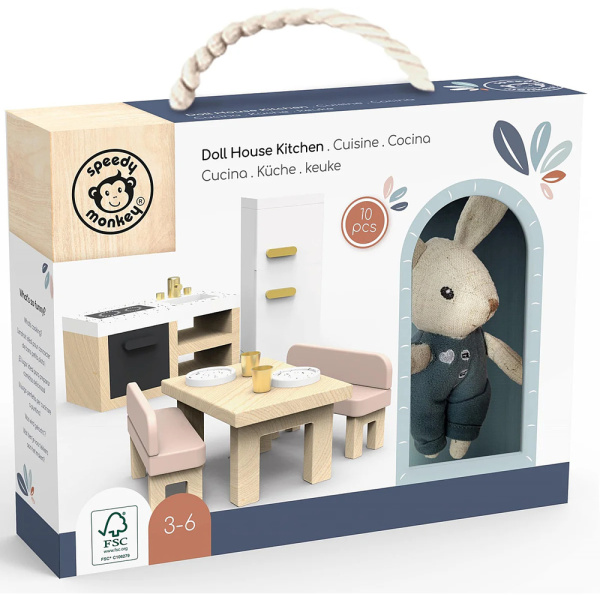 Cuisine en bois pour maison de poupées avec personnage Speedy monkey
