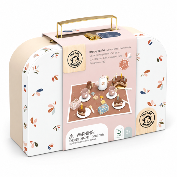 Service à thé enfant en bois avec gâteau d’anniversaire et valisette Speedy monkey