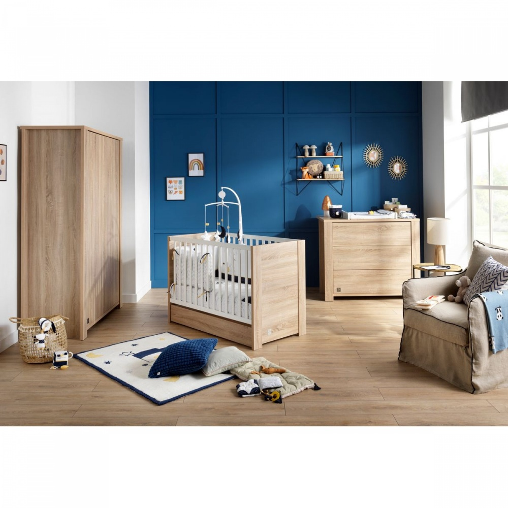 Chambre trio lit bébé 60x120 cm + armoire XL + commode avec plan à langer  (offert) Flow White & Oak - Made in Bébé