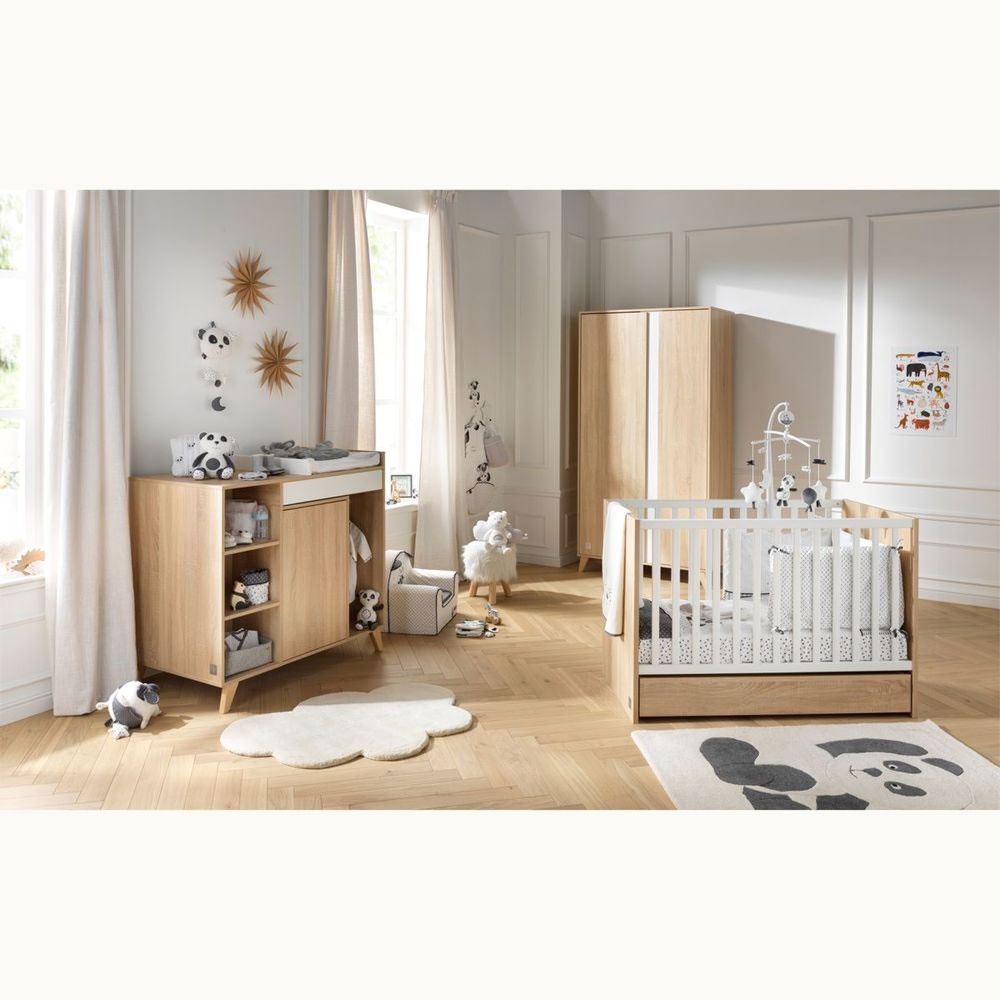 Chambre trio lit bébé 60x120 cm + commode 3 tiroirs + armoire Access bois  blanc + plan à langer - Made in Bébé