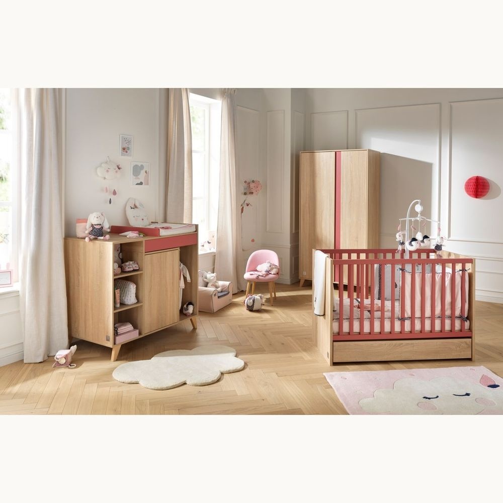 Chambre bébé trio lit bébé 60x120 + commode+armoire nova rose