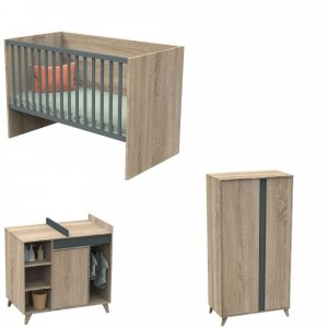 Chambre trio lit évolutif bébé combiné 70x140 cm en 140x200 cm + armoire + commode nova gris volcan Sauthon meubles