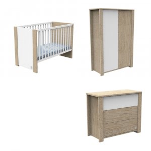 Chambre bébé trio lit 60x120cm+commode+armoire antonin bois et blanc + plan à langer offert Sauthon meubles