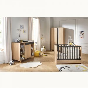 Chambre bébé trio lit bébé 60x120 + commode+armoire nova gris volcan Sauthon meubles