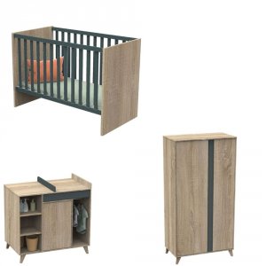 Chambre bébé trio lit bébé 60x120 + commode+armoire nova gris volcan Sauthon meubles