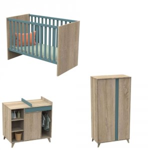Chambre bébé trio lit bébé 60x120 + commode+armoire nova argile douce Sauthon meubles
