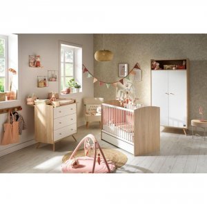 Chambre trio lit bébé 60x120 cm + commode 3 tiroirs + armoire access bois blanc + plan à langer offert Sauthon meubles
